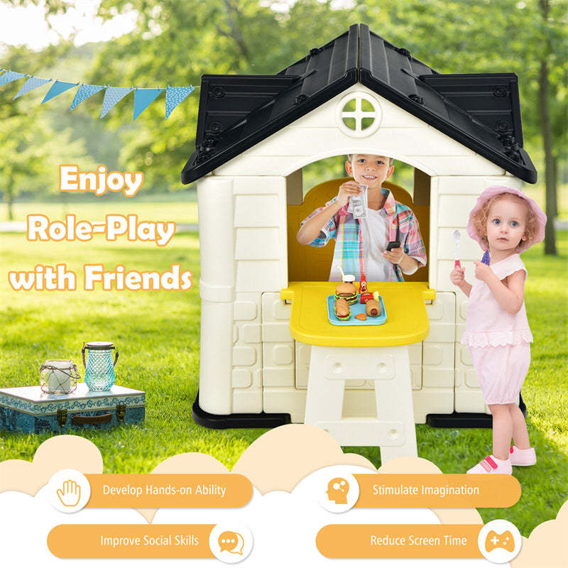 Kids Playhouse, Cottage Pretend Play House with 7PCS Toy Set, Picnic Table & Waterproof Cover for Indoor Outdoor, Boys & Girls Gifts
