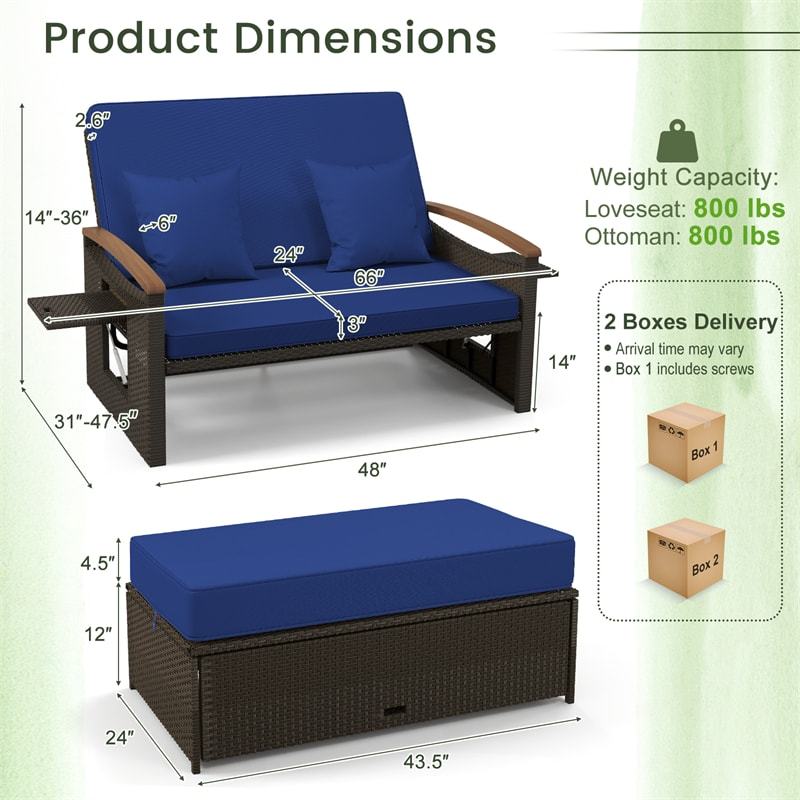 Patio Rattan Daybed Set with Cushioned Loveseat, Storage Ottoman, Retractable Side Tray, Backrest Adjustable Outdoor Double Chaise Lounge