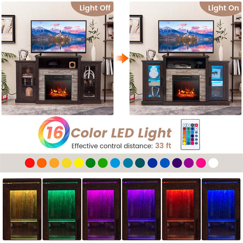 59" Fireplace TV Stand for TVs up to 65", Entertainment Center with LED Lights, 18" Electric Fireplace, Remote & APP Control, Glass Shelves