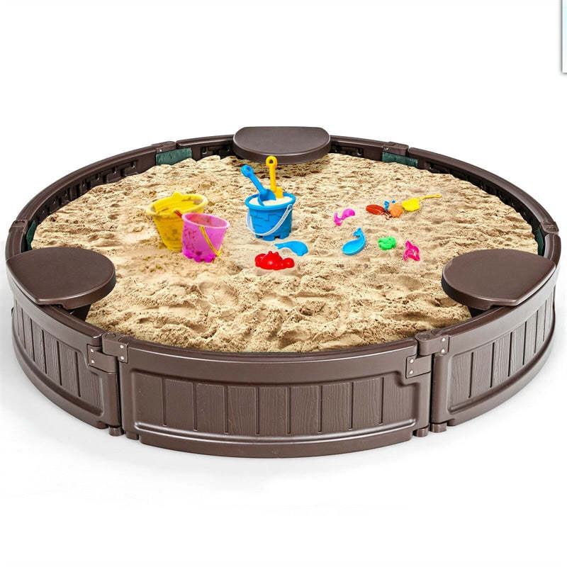 Kids Outdoor Sandbox 4FT Round Sand Pit for Backyard Beach with Cover, 3 Built-in Seats & Bottom Liner, All-Weather HDPE Sandbox