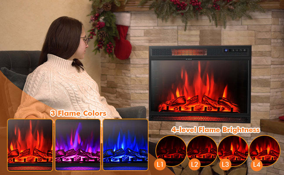 25" Electric Fireplace Insert 1350W Freestanding & Recessed Fireplace Heater with Remote Control & 3 Flame Colors