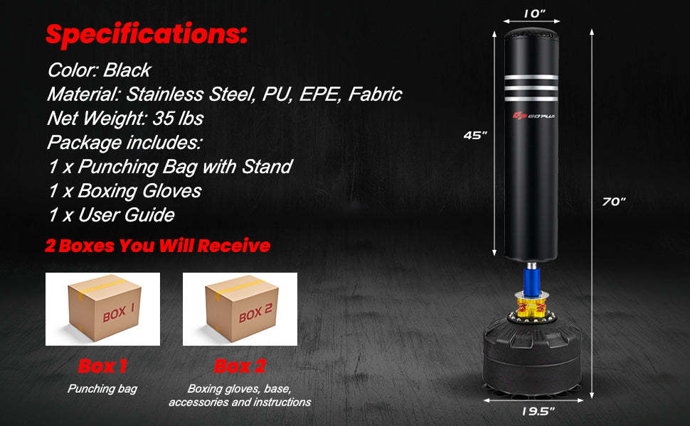 70" Freestanding Punching Boxing Bag 220lbs Adult Kickboxing Bag with Gloves Shock Absorber & 12 Suction Cup Base