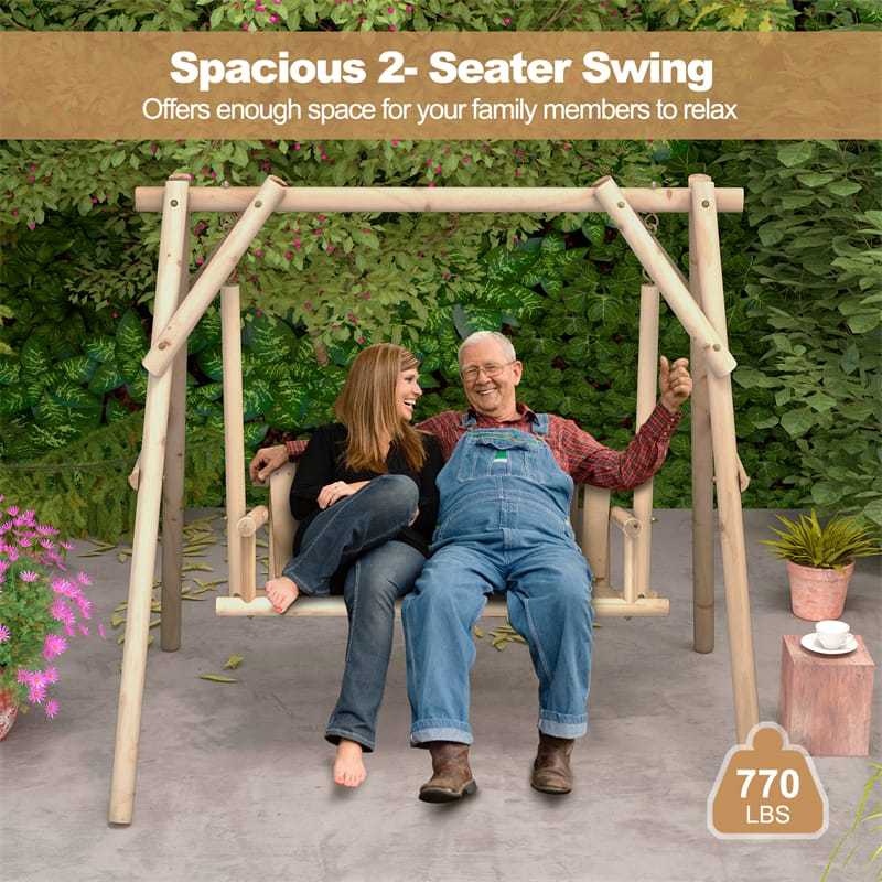 770lbs A-Frame Wooden Patio Swing with Stand, Reinforced Bars & Curved Back, Rustic Torched Log Porch Swing for Garden, Backyard