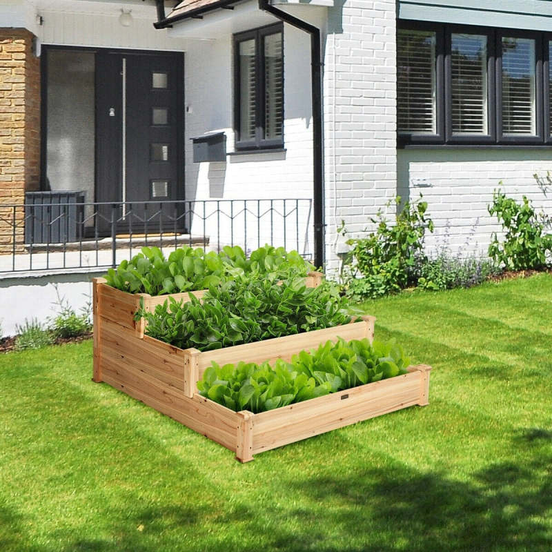 Giantex 3 Tier Raised Garden Bed Wood Elevated Planter Box Vegetable Flower Growing Bed Kit Outdoor Planting Container for Backyard Lawn Patio