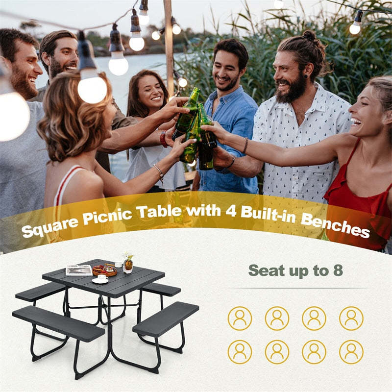 8-Person Picnic Table Set, Square Outdoor Table with 4 Built-in Benches, Umbrella Hole, HDPE Top, Metal Frame, 500LBS Capacity for Garden Patio