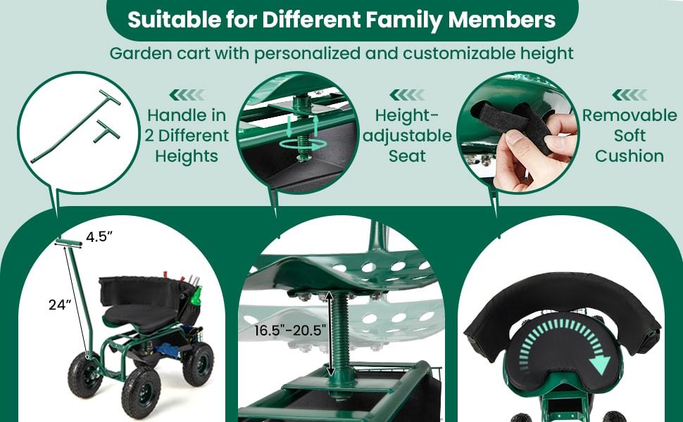 Rolling Garden Cart Gardening Workseat with 4 Wheels & 2 Handles, Height Adjustable Garden Scooter with 360° Swivel Seat & Tool Storage