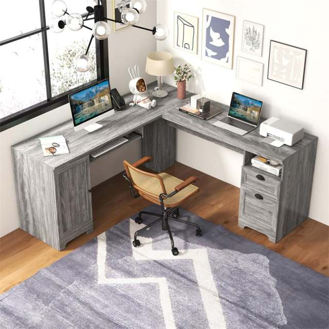 66" L-Shaped Office Desk, Modern Executive Corner Computer Desk with Power Outlets, Storage, Adjustable Shelf, Keyboard Tray for Working Writing