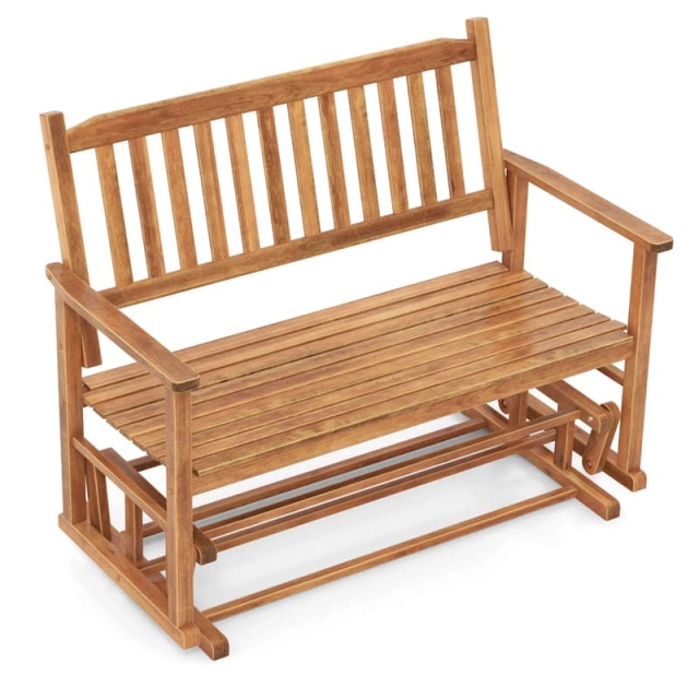 2-Person Outdoor Glider Bench with Poplar Wood Frame, Slatted Seat & Armrest Backrest, Porch Rocking Glider Loveseat for Patio, Garden & Deck