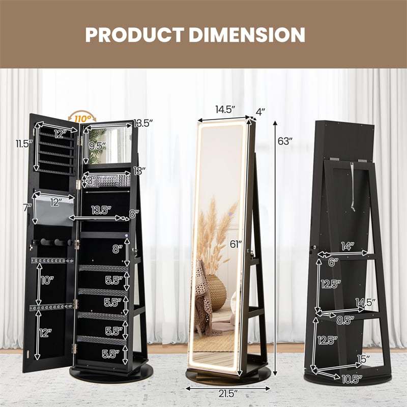 360° Swivel Jewelry Armoire with Full Length Mirror, Adjustable 3-Color LED Lights & Storage Rack, Lockable Standing Jewelry Cabinet Organizer
