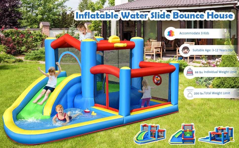 Inflatable Water Slide Bounce House Splash Pool Bounce Castle with Slide & Target Balls for Kids 5-12 Indoor Outdoor Party Family Fun