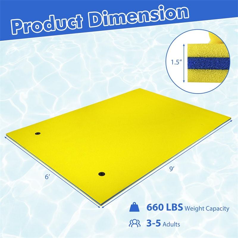 9' x 6' Floating Water Pad, 3 Layer Tear-Resistant XPE Floating Foam Mat with Rolling Pillow, Lily Pad for Lake Pool Beach Water Recreation