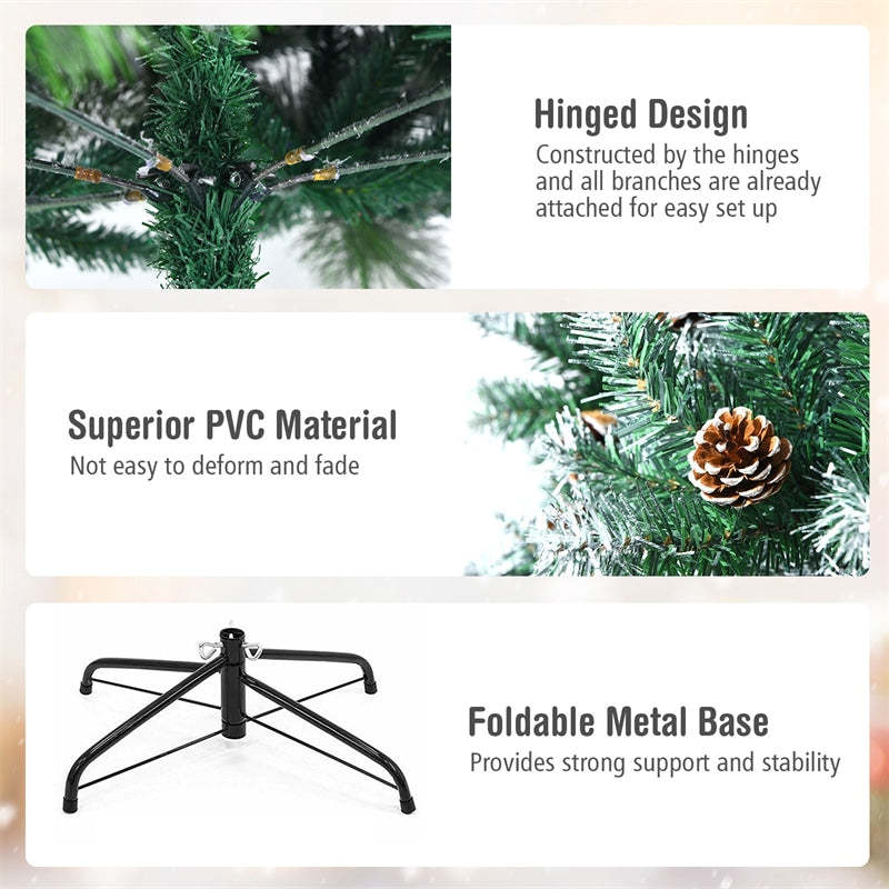 6ft Unlit Artificial Snow Flocked Christmas Tree with Pine Cones and Metal Stand