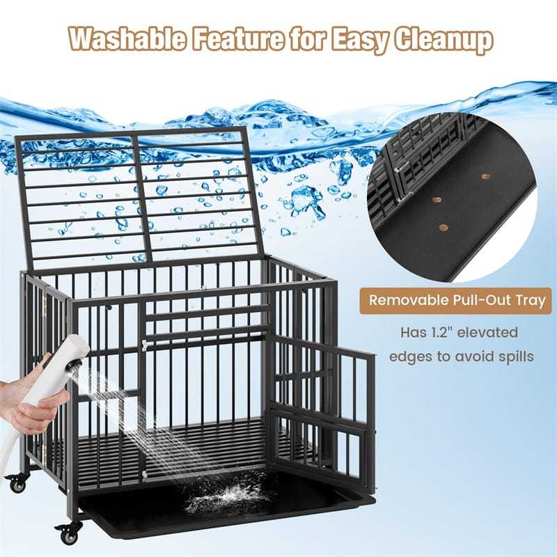 Folding Metal Dog Crate 37" Collapsible Heavy Duty Dog Crate with 3 Lockable Doors & Wheels, Indoor Outdoor Pet Kennel for Small Medium Dogs