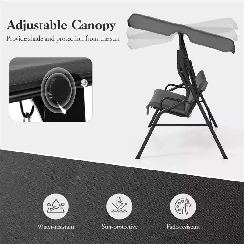 3-Seat Patio Swing with Adjustable Canopy & Removable Cushion, Powder-Coated Steel Frame Outdoor Porch Swing for Backyard, Garden, Balcony