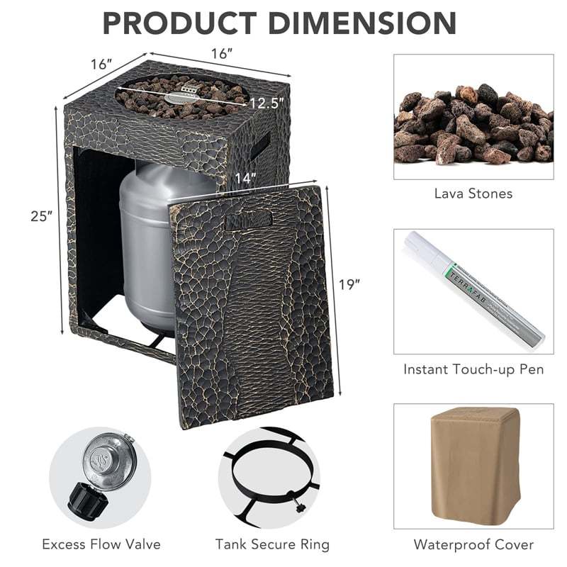 16" Square Propane Fire Pit, 30,000 BTU Auto-Ignition Outdoor Gas Fire Pit with Protective Cover, Touch-up Pen & Lava Rocks