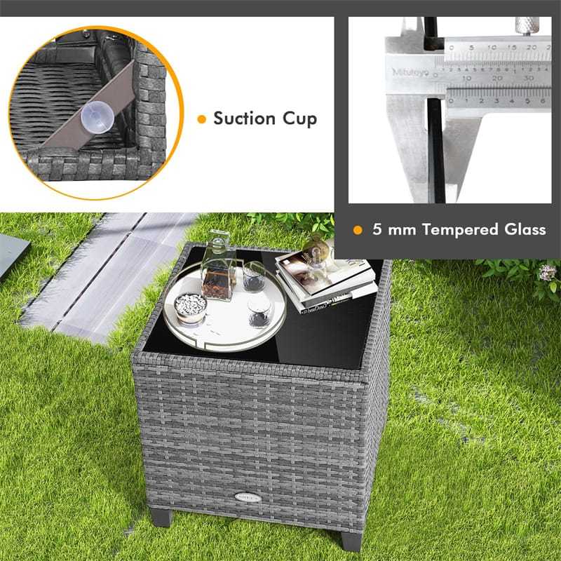 3PCS Patio Rattan Furniture Set Outdoor Conversation Set Wicker Bistro Set with Cushioned Chairs & Tempered Glass Side Table