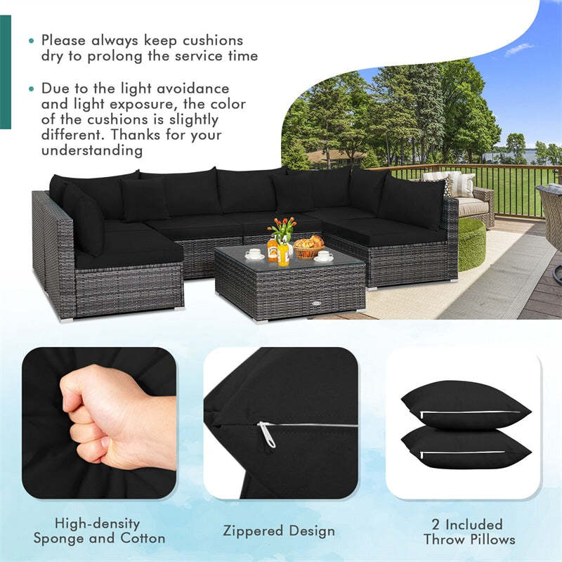 7 Piece Outdoor Patio Rattan Sectional Sofa Set with Cushions & Coffee Table