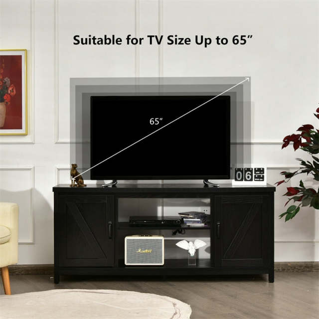 59" Fireplace TV Stand for TVs Up to 65", Farmhouse Wooden Media Console Table with Barn Doors, Storage Cabinet, Adjustable Shelves