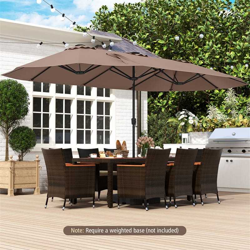 15.5FT Extra Large Patio Umbrella with 144 Solar LED Lights & Crank Handle, 12 Heavy-Duty Ribs Double-Sided Market Umbrella for Deck, Poolside