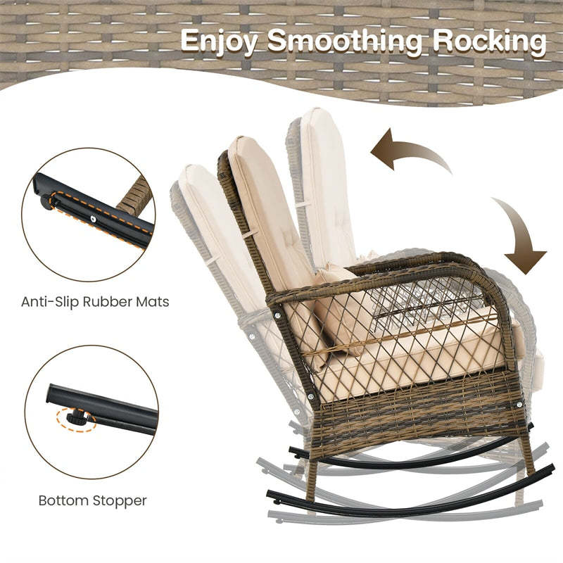 3-Piece Outdoor Wicker Rocking Bistro Set, Patio PE Rattan Rocking Chairs with Tempered Glass Side Table & Cushions for Porch, Poolside, Backyard