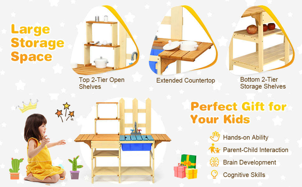 Kids Mud Kitchen Playset Wooden Pretend Play Kitchen Toddler Toy Kitchen with Removable Sink & Simulated Faucet