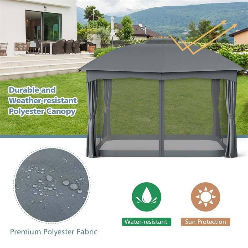 2 x 10FT Heavy Duty Steel Patio Gazebo, Double Vented Outdoor Canopy with Mesh Screen Netting & Zippered Privacy Curtains for Deck Garden Yard