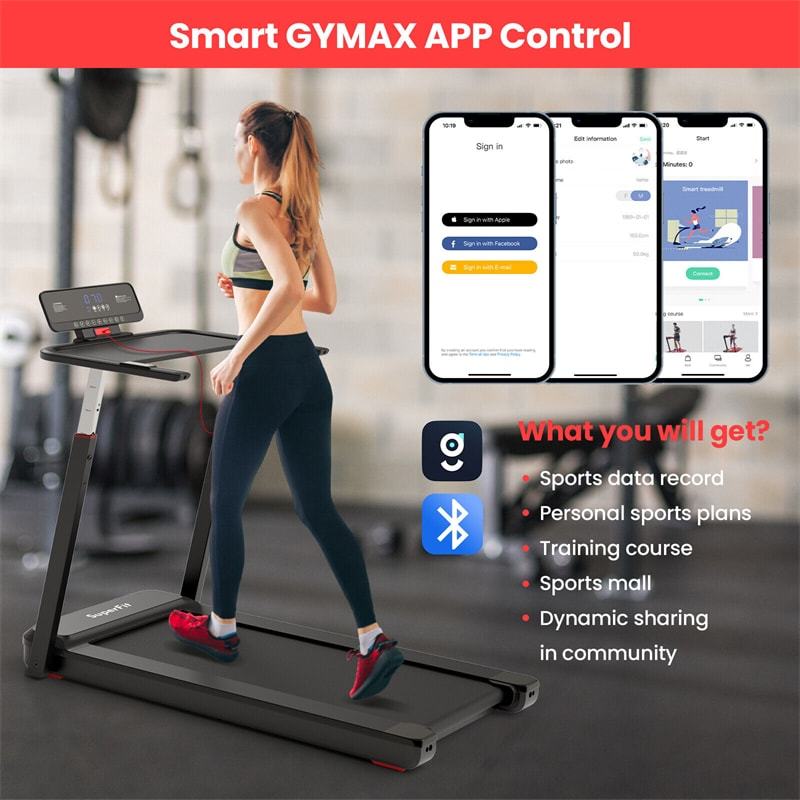 3HP Superfit Folding Treadmill Adjustable Height Running Machine with Desk, APP Control, Bluetooth Speaker & LED Display