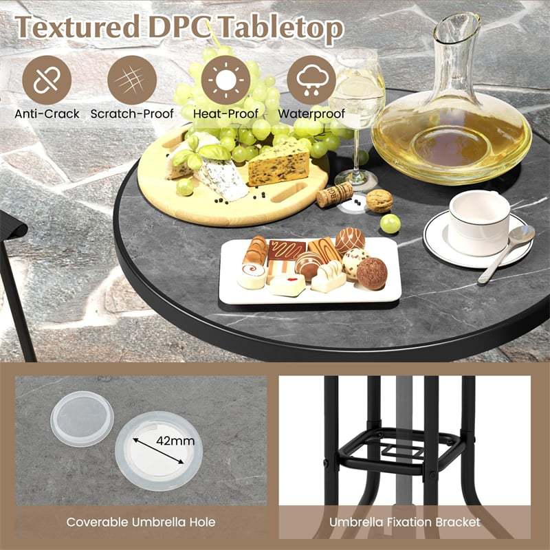 3 Piece Outdoor Bar Set Patio Table Chairs Set Folding Bistro Furniture Set with DPC Tabletop, Umbrella Hole & Heavy Duty Metal Frame