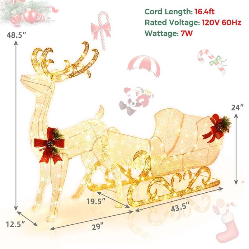 6FT Christmas Lighted Reindeer & Santa's Sleigh with 215 LED Lights, 4 Ground Stakes, Xmas Lighted Outdoor Yard Decoration