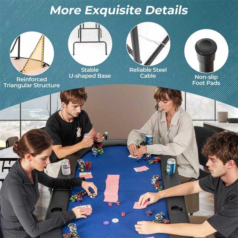 8-Player Poker Table, Foldable Card Board Game Table with Cup Holders, Casino-Grade Felt, Portable Texas Holdem Table for Blackjack Casino Games