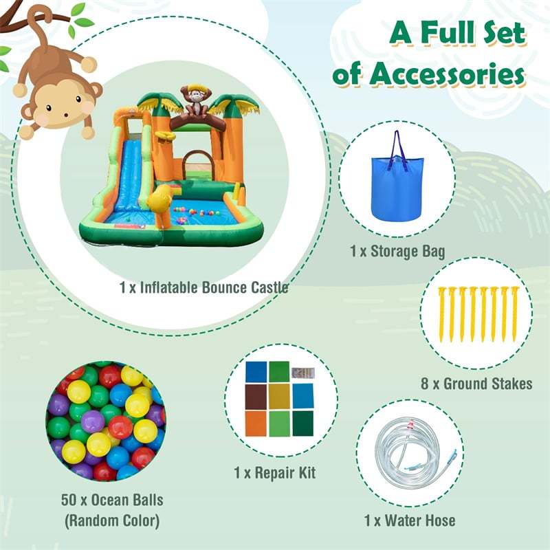 Inflatable Water Slide 7-in-1 Jungle Monkey Theme Bounce House Water Park with Long Slide, Splash Pool & Climbing Wall for Kids Backyard Party Gifts