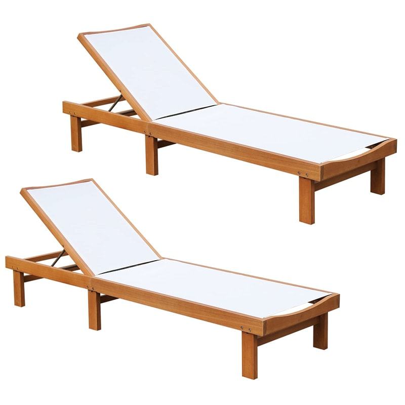 2PCS Outdoor Eucalyptus Wood Chaise Lounge with 5-Position Adjustable Backrest & Quick-Dry Fabric, Reclining Patio Lounge Chair for Poolside, Backyard