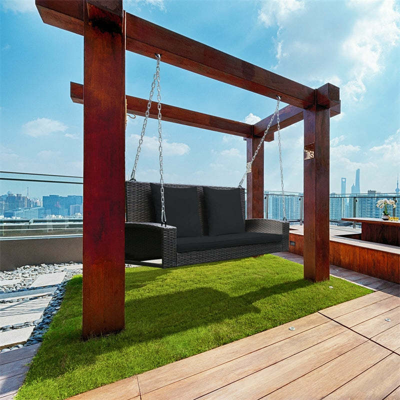 2-Person Wicker Patio Swing Bench with Removable Cushions & Reinforced Steel Chain, 800lbs Capacity Rattan Porch Swing for Backyard, Garden