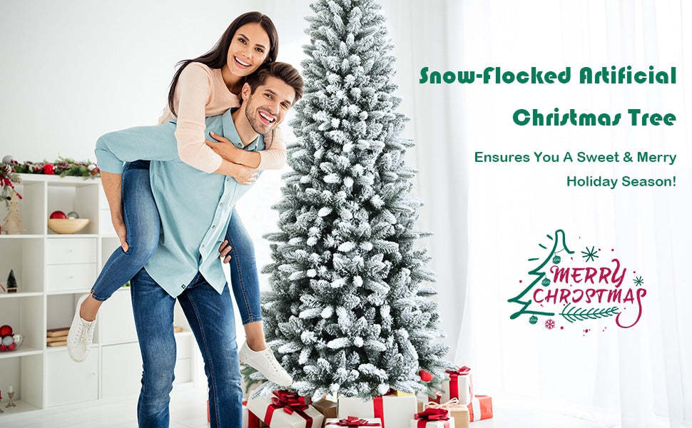 7.5ft Snow Flocked Pencil Christmas Tree Hinged Artificial Slim Xmas Tree with 1189 Branch Tips & Metal Stand