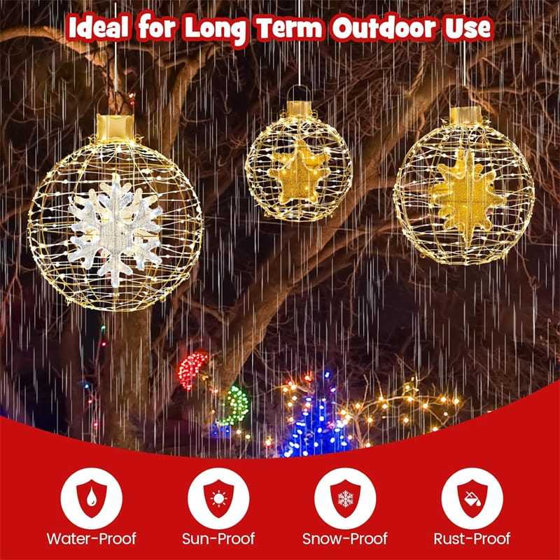 3-Pack Christmas LED Lighted Sphere Balls, Pre-Lit Lantern Balls with 732 Lights, Zip Ties & Ground Stakes, Tree Globe Lights for Indoor Outdoor Decor