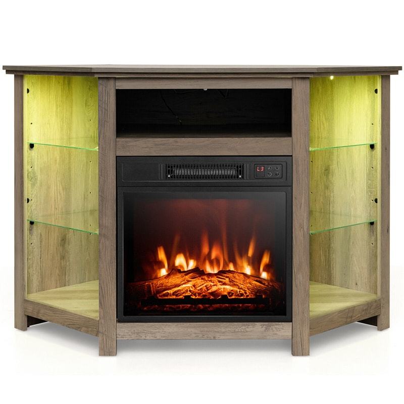 45" Corner Fireplace TV Stand for 50" TVs, Modern Fireplace Entertainment Center with 16-Color LED Lights, Smart APP Control, Adjustable Shelves