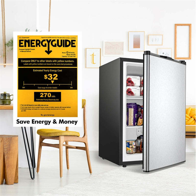 3 Cu.Ft Compact Upright Freezer, Small Freezer with Reversible Stainless Steel Door, Removable Shelves, Adjustable Thermostat for Home Office