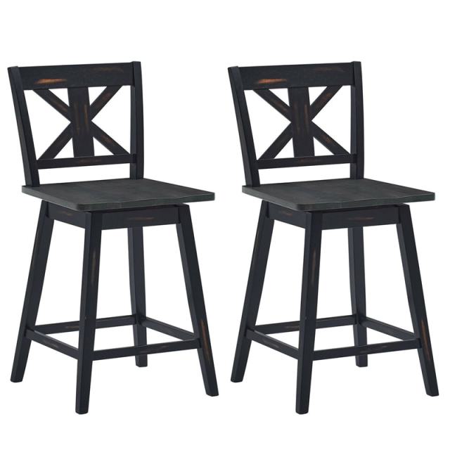 24" Rubber Wood Bar Stools Set of 2, 360° Swivel Counter Height Bar Chairs with Back & Non-Slip Foot Pads for Kitchen Island, Dining Room, Restaurant