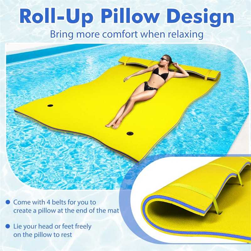 9' x 6' Floating Water Pad, 3 Layer Tear-Resistant XPE Floating Foam Mat with Rolling Pillow, Lily Pad for Lake Pool Beach Water Recreation