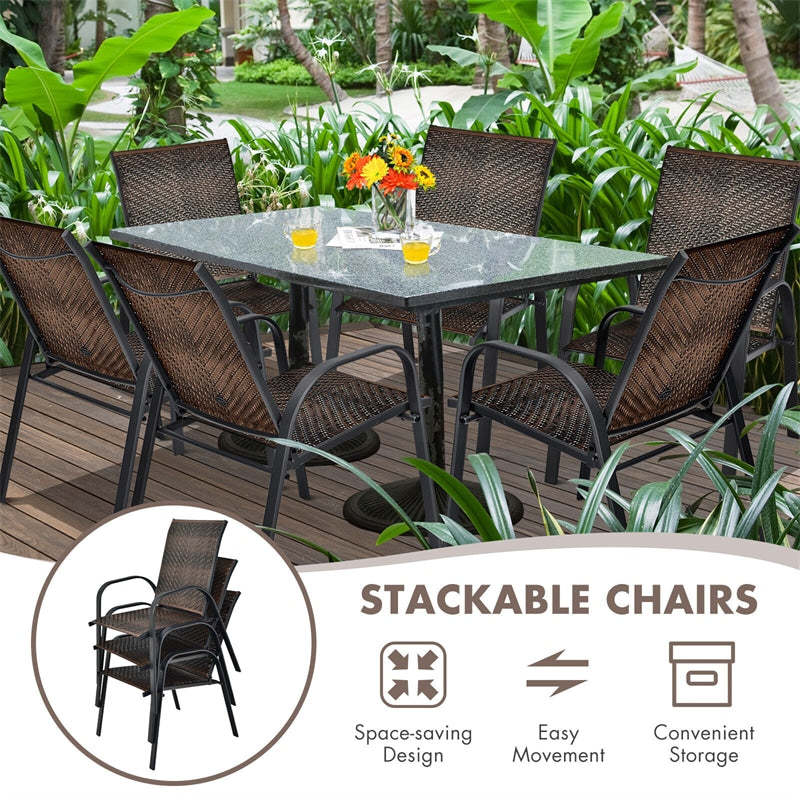 Outdoor Stackable Chairs Set of 6 PE Wicker Patio Dining Chairs with Armrest Sturdy Steel Frame & for Garden Yard Deck Lawn