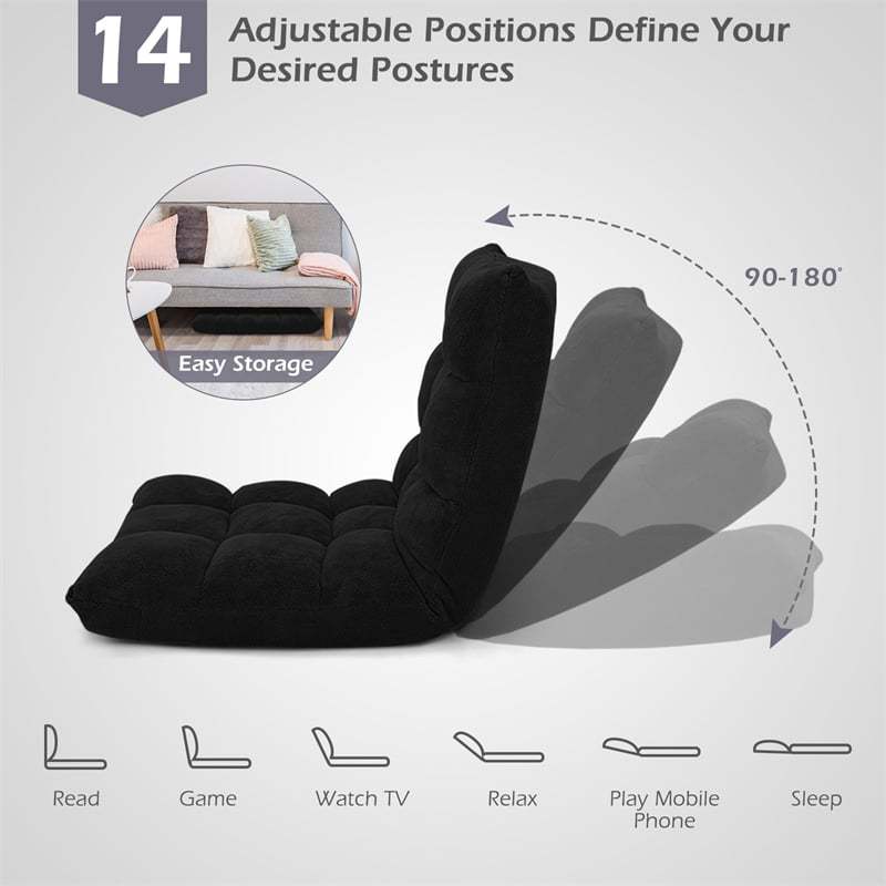 14-Position Adjustable Floor Chair, Folding Sofa Chair with Back Support, Floor Gaming Recliner for Living Room, Meditation, Reading