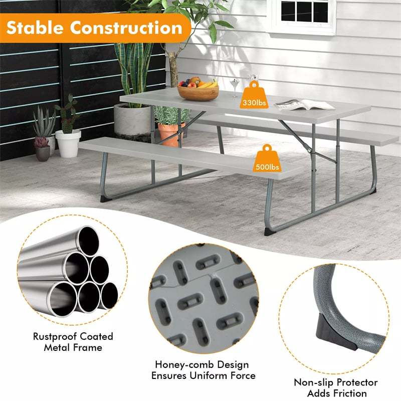 8-Person 6FT Folding Picnic Table & Bench Set, Heavy Duty All-Weather HDPE Outdoor Dining Table with Umbrella Hole & 2 Built-in Benches