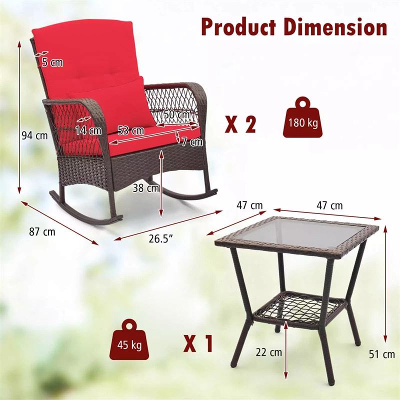 3-Piece Rattan Patio Rocker Set with 2 Rocking Chairs, Tempered Glass Coffee Table & Cushions, Outdoor Bistro Set for Porch, Poolside, Backyard
