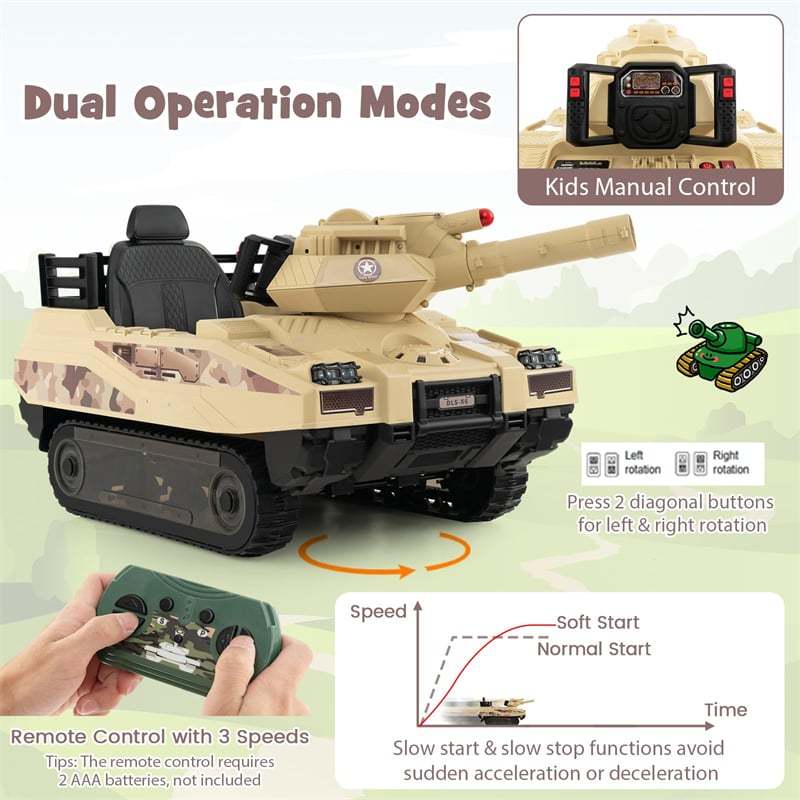 Kids Ride On Tank 12V Battery Powered Electric Tank Car with Rubber Tracks, Rotatable Turret & Working Cannon for Boys Girls Aged 3-8