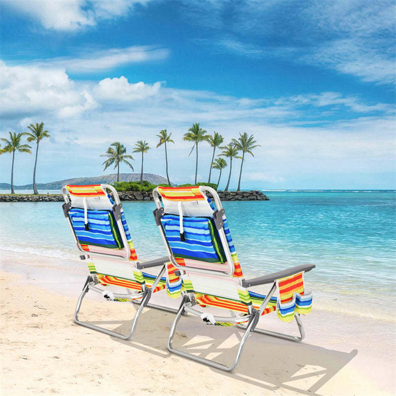 4 Pack Folding Backpack Beach Chairs, 5-Position Adjustable Sling Camping Chairs Reclining Beach Chairs with Head Pillows, Ice Pack, Cup Holder