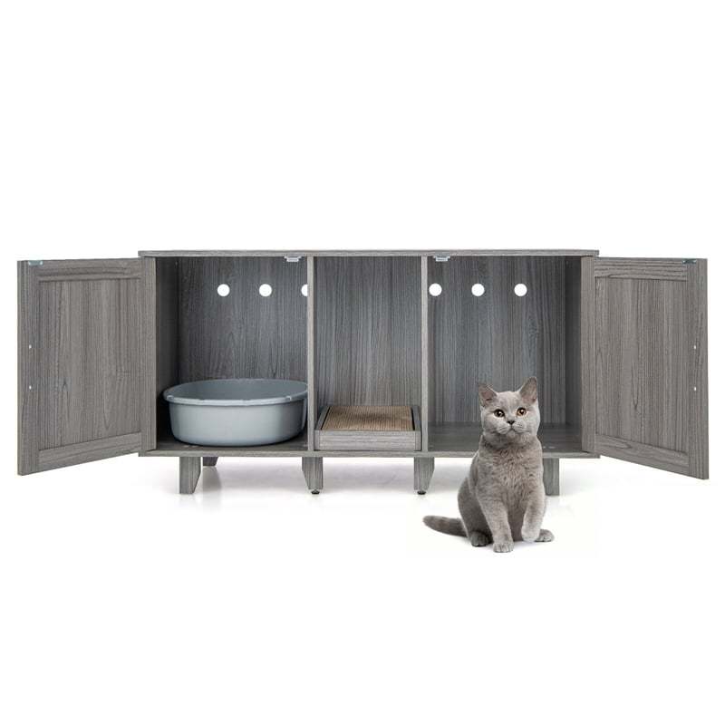 Double Cat Litter Box Enclosure, Large Hidden Cat Washroom Furniture with 2 Cabinets & Scratching Board, Cat House TV Stand Side Table