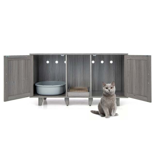 Double Cat Litter Box Enclosure, Large Hidden Cat Washroom Furniture with 2 Cabinets & Scratching Board, Cat House TV Stand Side Table