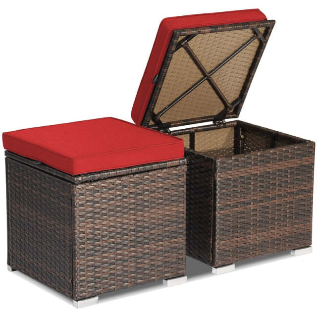 2PCS Wicker Patio Ottomans Hand-Woven PE Rattan Multipurpose Outdoor Footstool Side Table with Removable Cushions & Hidden Storage Box