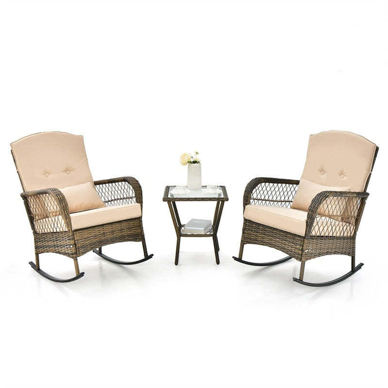 3-Piece Outdoor Wicker Rocking Bistro Set, Patio PE Rattan Rocking Chairs with Tempered Glass Side Table & Cushions for Porch, Poolside, Backyard