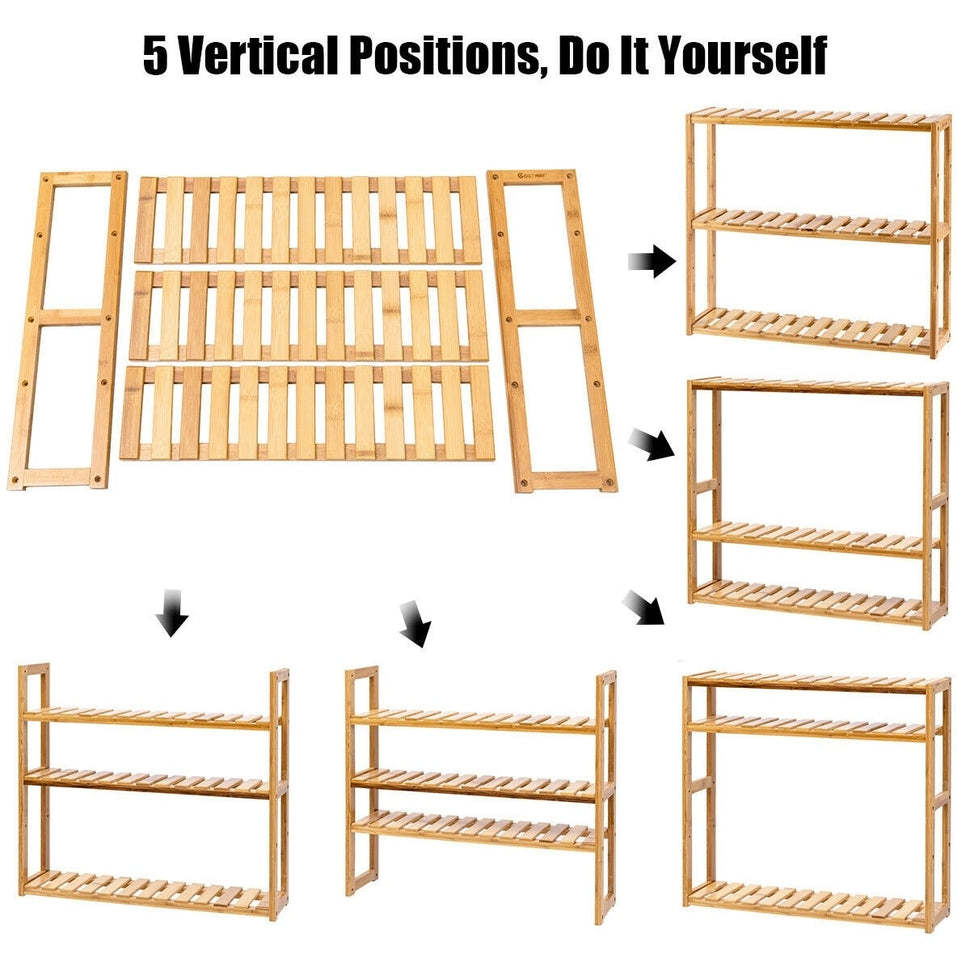 Multifunctional 3-Tier Bamboo Shelf Adjustable Utility Storage Stand Rack